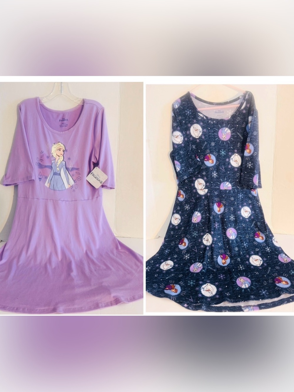 Disney Girls' Lavender & Navy Frozen II Elsa and Olaf Print Dresses
